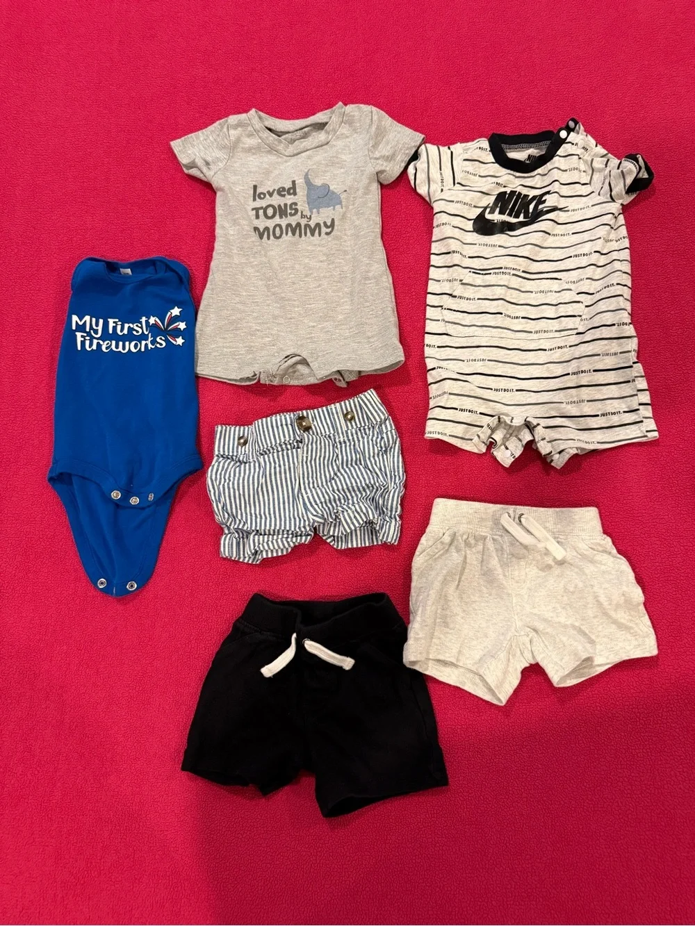 Baby boy summer bundle 6 months 3 shorts 2 rompers 1 July 4 onesie various brand